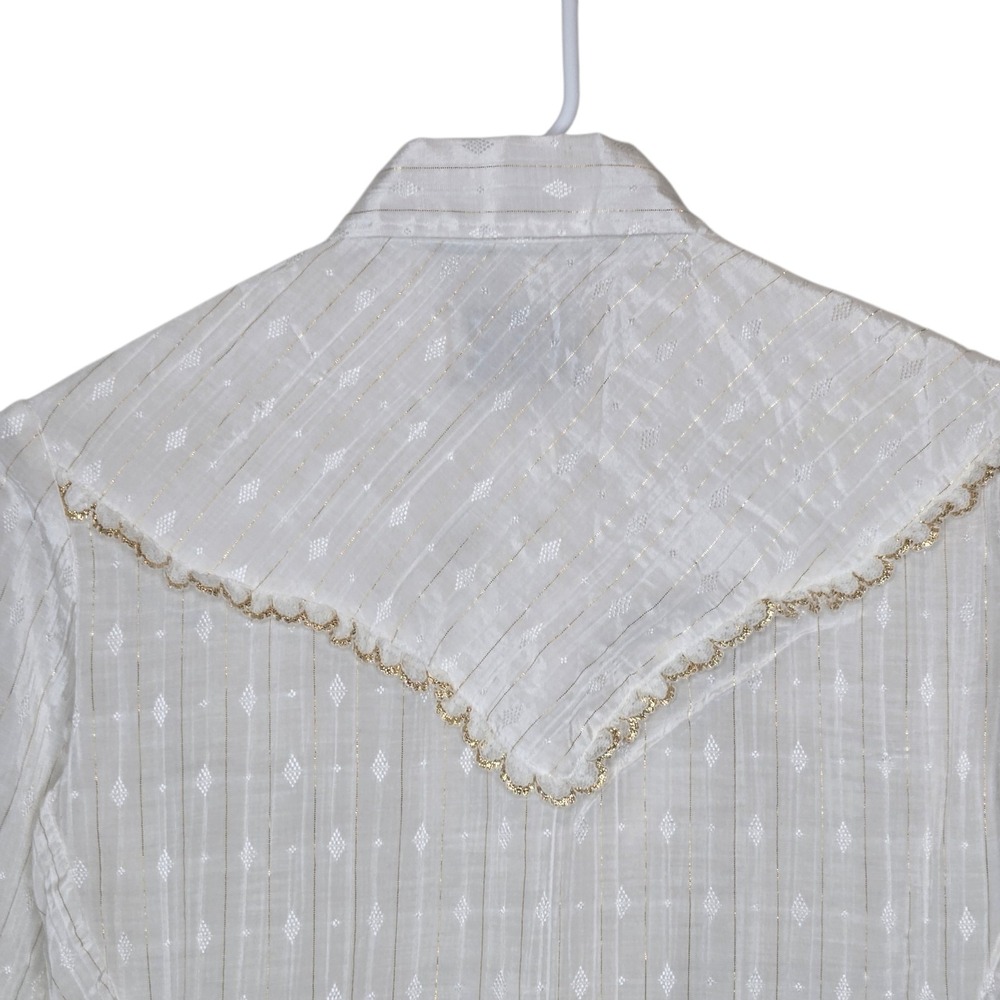 VTG 80s Panhandle Slim Womens Western Shirt Sz 12 White Lace Gold Trim Prairie - Picture 7 of 16